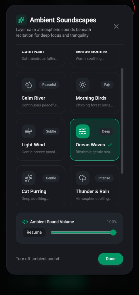 AyahFlow Ambient Soundscapes control modal showing atmospheric sound selections and volume slider